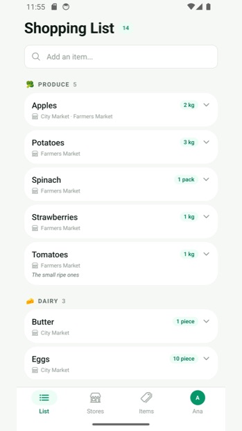 The shared shopping list, grouped by category