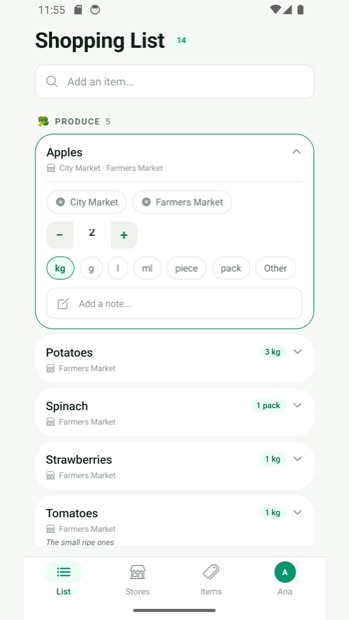 An item expanded to edit quantity, unit and note