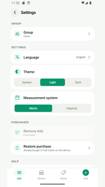 Settings: language, theme and units