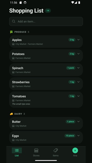The list in dark mode